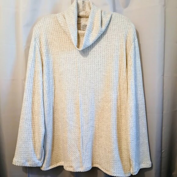 Nwt Cowl neck Waffle Crochet Sweater Top women XXL Ivory Oatmeal Pullover LS - Picture 1 of 9